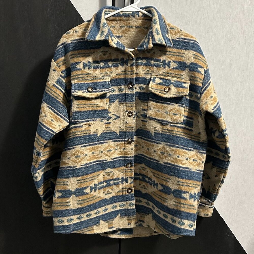 Zaful Aztec Southwestern Tribal Print‎ Fleece Button Down Shacket Women's M/US 6